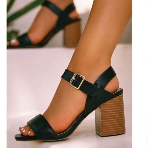 Shoes - !! NEW !! Vegan Leather Ankle Strap Block Heels in Black